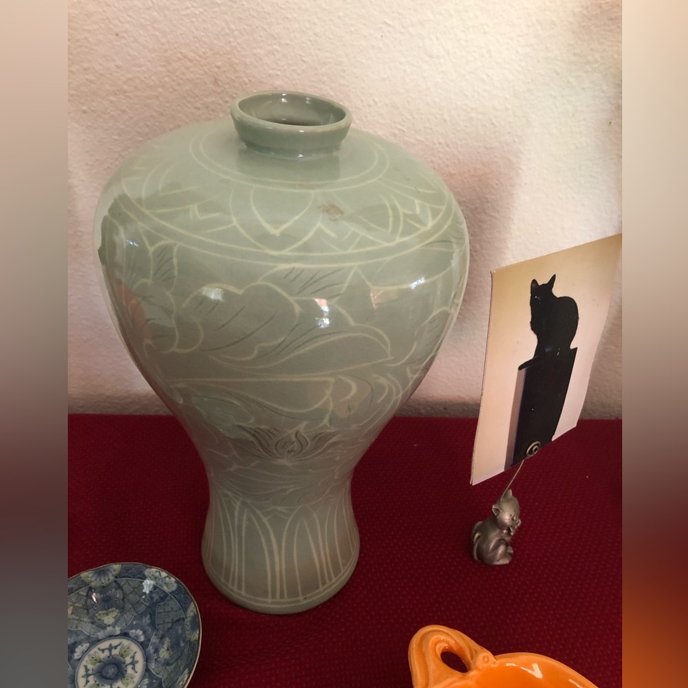 Celadon Korean sage colored vase, bought at estate sale has markings at bottom.